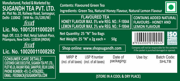 Sugandh Honey Lemon Green Tea - 25 Teabags - 100% Natural