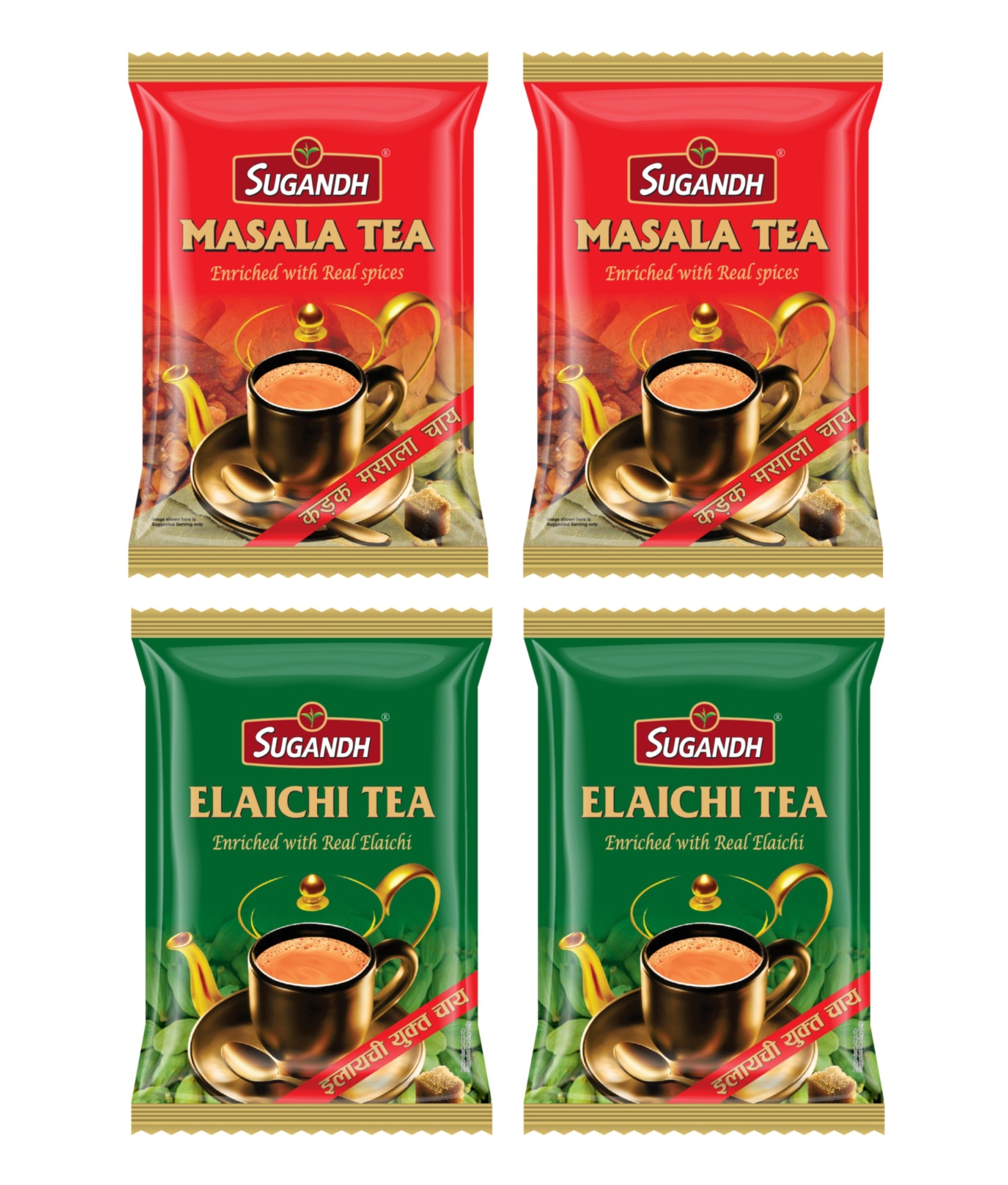 Sugandh Elaichi Tea and Masala Tea Combo Pack 800g (4 Packs x 200g Each - 2 Packs of Each flavour)