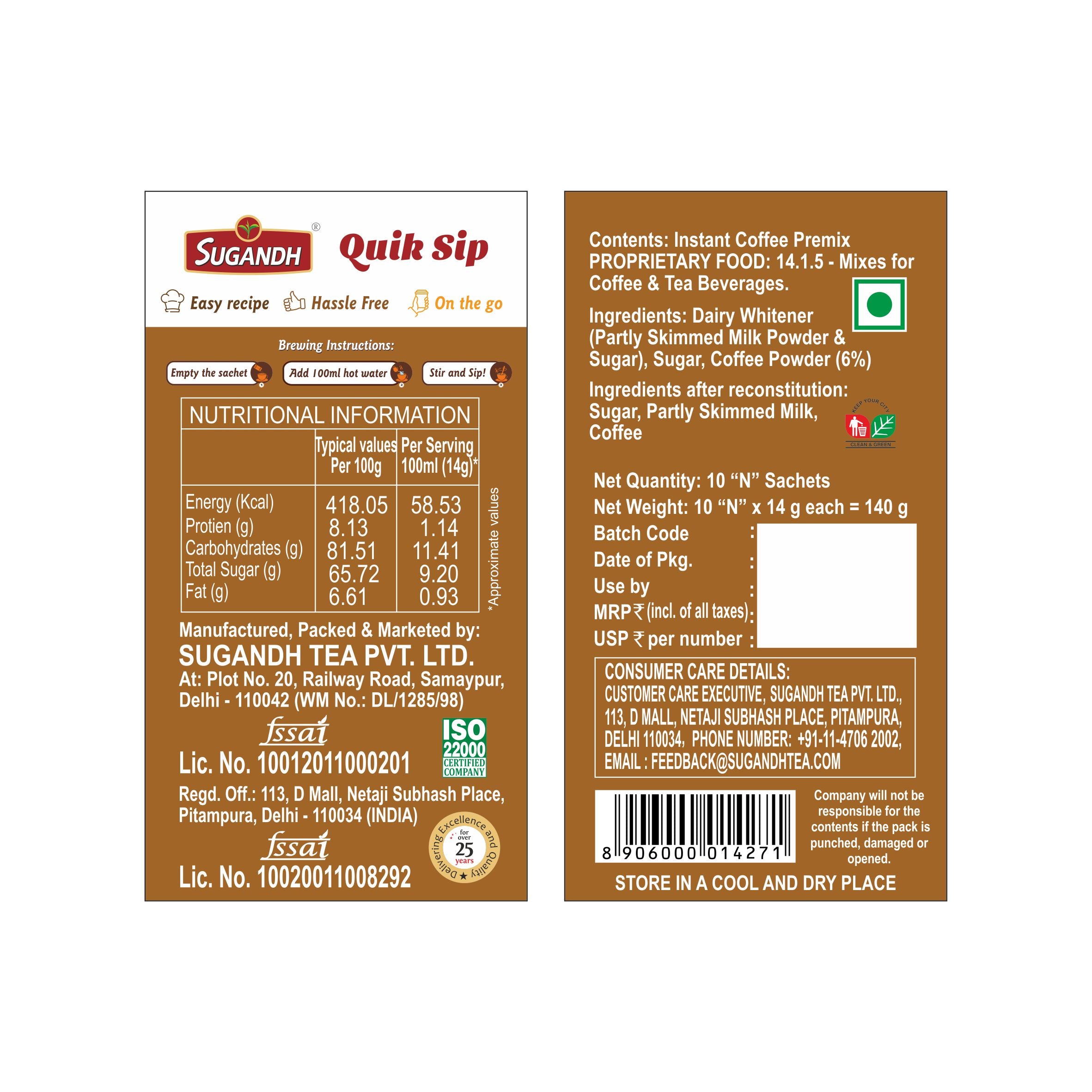 Sugandh Quik Sip Instant Coffee Premix (Pack of 2) - Single Serve Sachets - 2 Boxes of 10 Sachets each