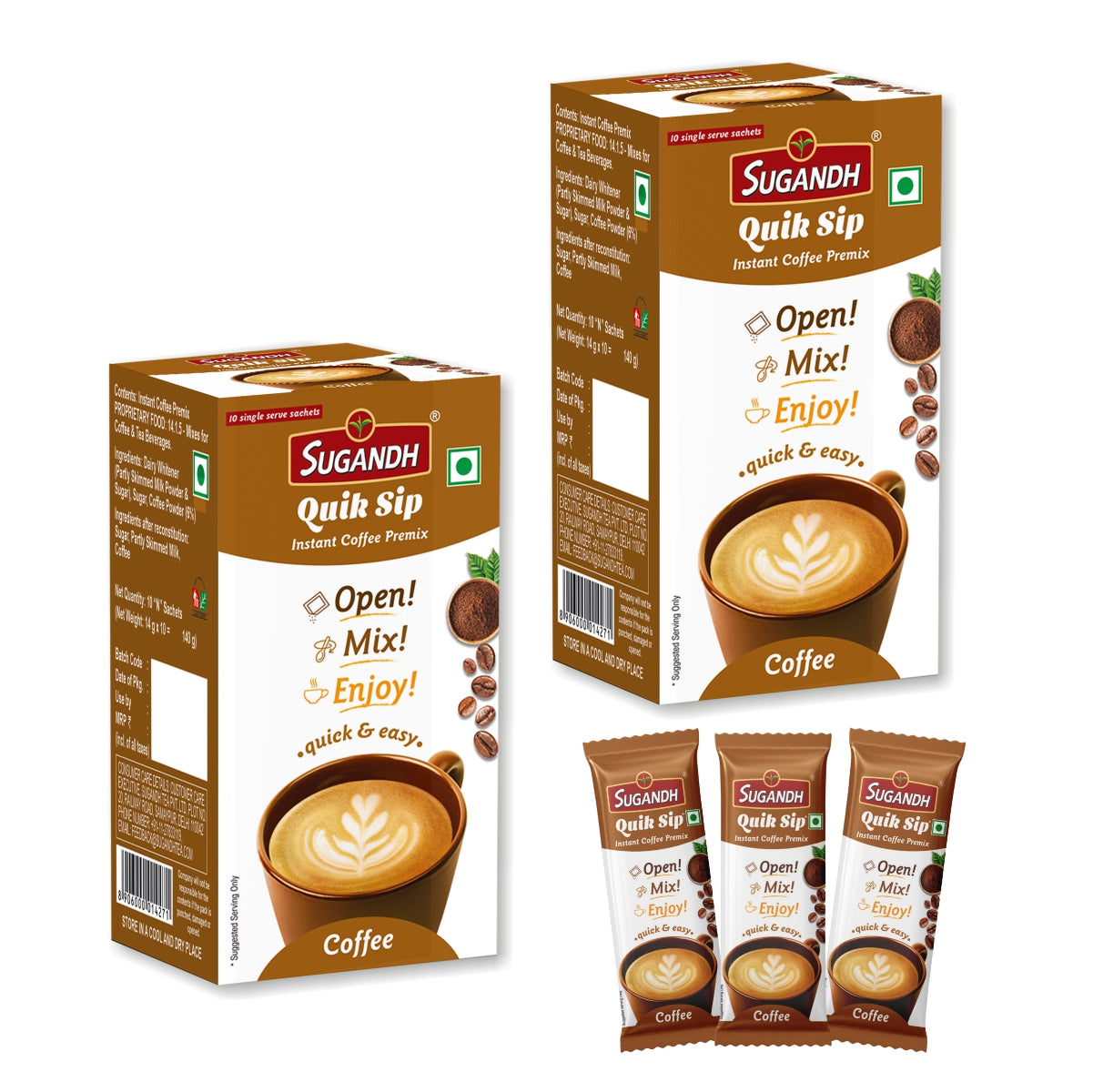 Sugandh Quik Sip Instant Coffee Premix (Pack of 2) - Single Serve Sachets - 2 Boxes of 10 Sachets each