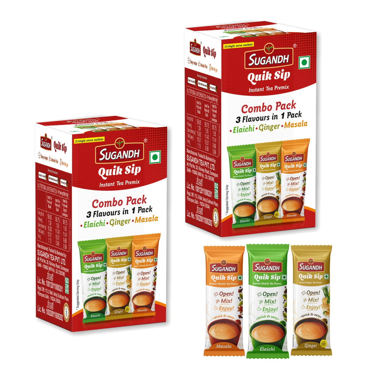 Sugandh Quik Sip Instant Tea Premix Combo Box (Pack of 2) - Masala Tea, Elaichi Tea and Ginger Tea - 3 Flavours in one pack