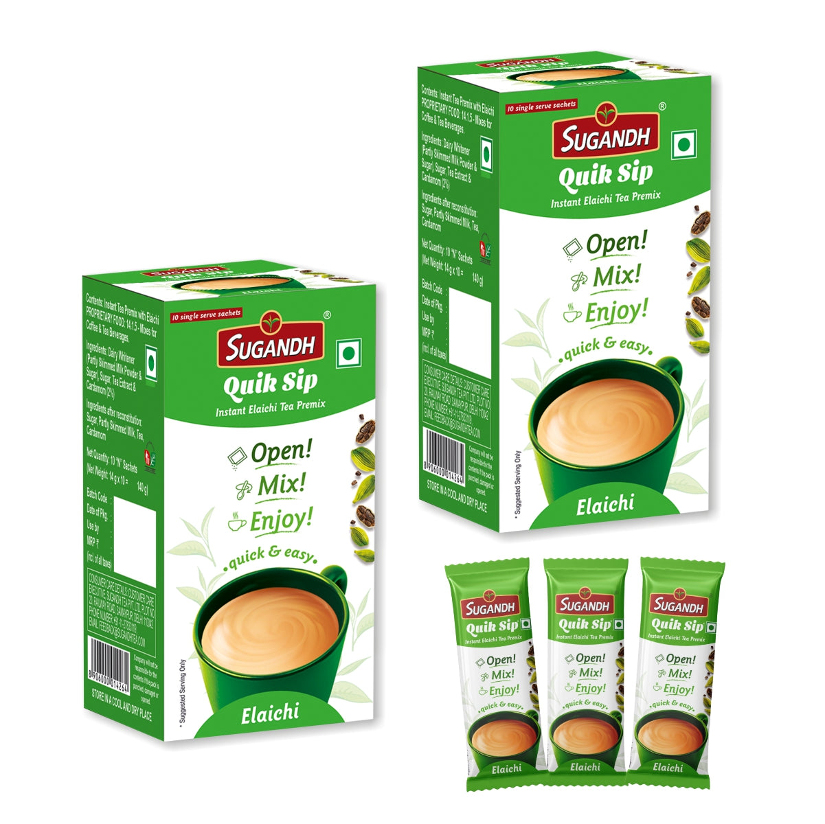 Sugandh Quik Sip Instant Elaichi Chai Premix (Pack of 2) - Single Serve Sachets - 2 Boxes of 10 Sachets each