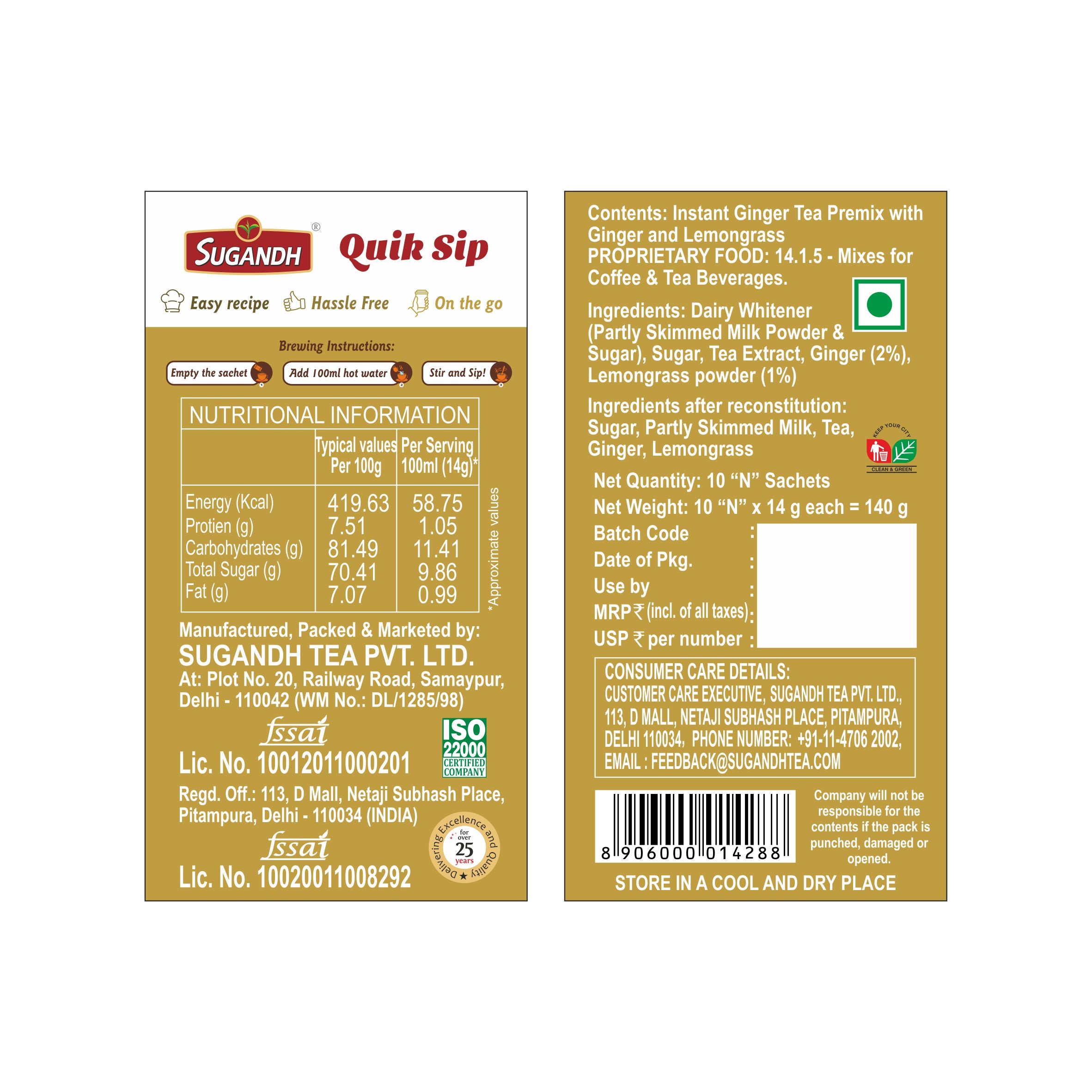 Sugandh Quik Sip Instant Ginger Lemongrass Chai Premix (Pack of 2) - Single Serve Sachets - 2 Boxes of 10 Sachets each