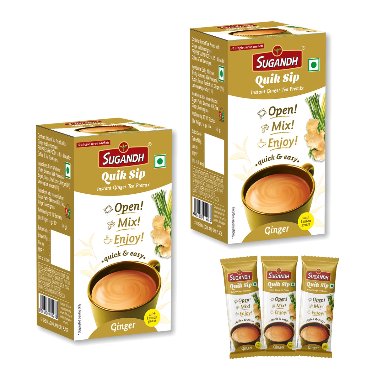 Sugandh Quik Sip Instant Ginger Lemongrass Chai Premix (Pack of 2) - Single Serve Sachets - 2 Boxes of 10 Sachets each