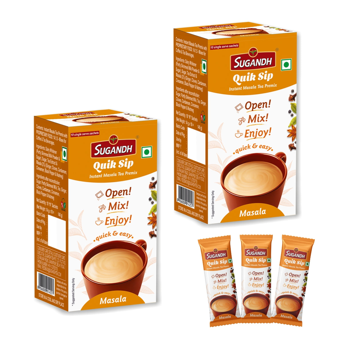 Sugandh Quik Sip Instant Masala Chai Premix (Pack of 2) - Single Serve Sachets - 2 Boxes of 10 Sachets each