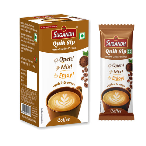 Sugandh Quik Sip Instant Coffee Premix (Pack of 2) - Single Serve Sachets - 2 Boxes of 10 Sachets each