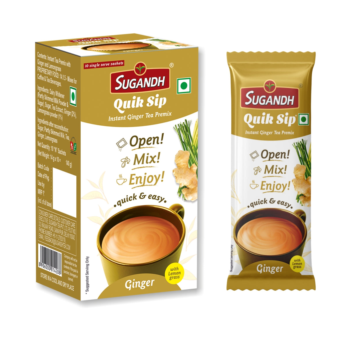 Sugandh Quik Sip Instant Ginger Lemongrass Chai Premix (Pack of 2) - Single Serve Sachets - 2 Boxes of 10 Sachets each