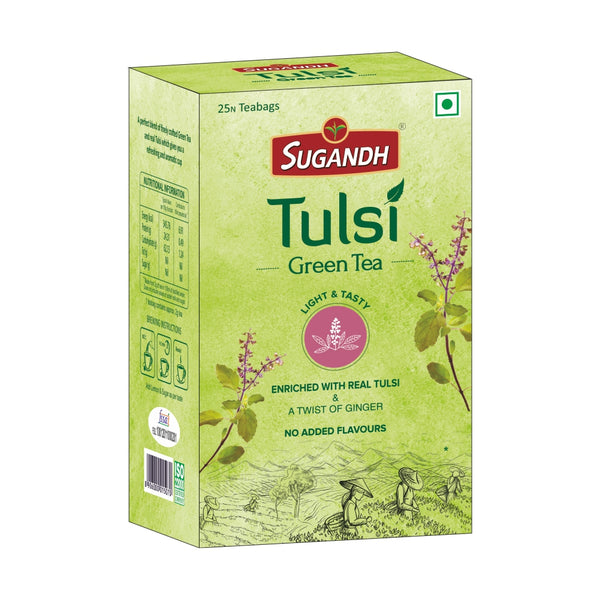 Sugandh Tulsi Green Tea - 25 Staple free Plastic free dip dip Teabags - Made with real tulsi and a twist of ginger