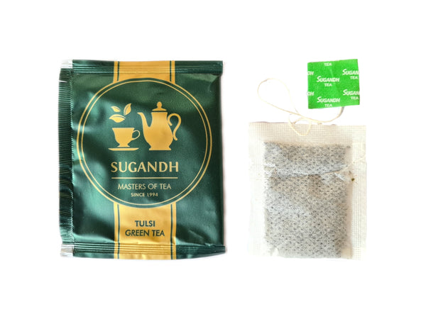 Sugandh Tulsi Green Tea - 25 Staple free Plastic free dip dip Teabags - Made with real tulsi and a twist of ginger